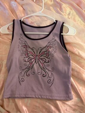 SHEIN Lilac Ribbed Butterfly Crop Tank with Black Trim